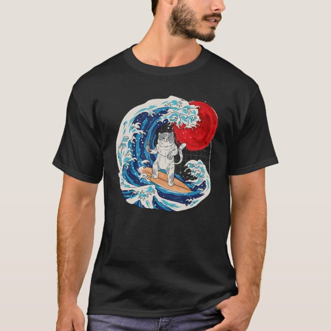 T-shirt Vaporwave The Japanese Neko Great Cat Wave Sushi R (Devant)