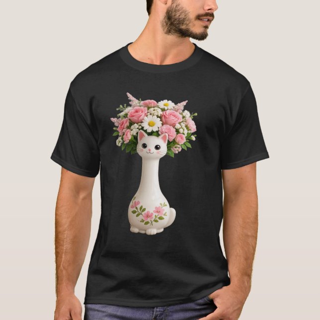 T-shirt Vase en forme de chat avec long cou et fleurs rose (Devant)