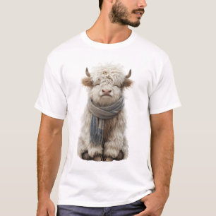 T-shirt Veau de Highland Fluffy Mignon Portant une Écharpe