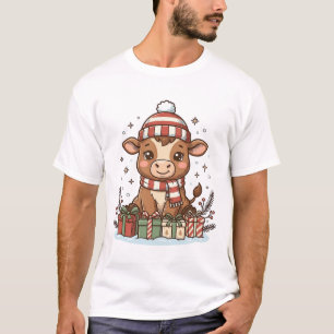 T-shirt Veau de Noël mignon avec cadeaux Vintage Vector_1