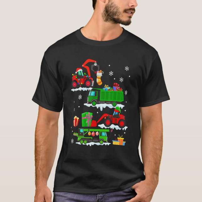 T-shirt Véhicule de construction Camions rouges Noël Hiver (Devant)