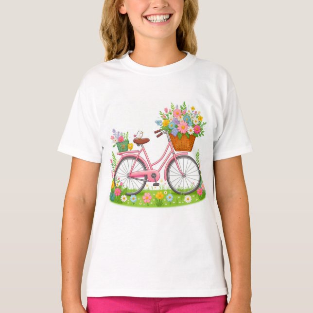 T-shirt Vélo de printemps avec fleurs et oiseaux (Devant)