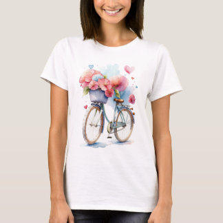 T-shirt Vélo vintage avec Coeurs en Aquarelle