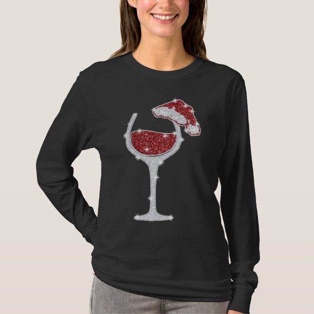 T-shirt Verre à vin avec chapeau de Noël (Devant)