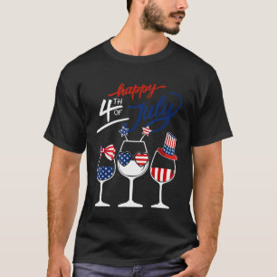 T-shirt Verre à vin Rouge Blanc Bleu Drapeau USA Joyeux 4