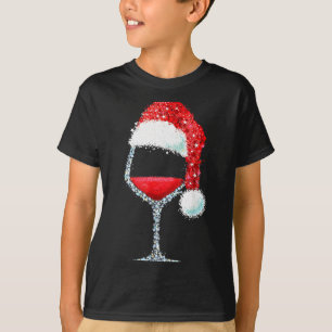 T-shirt Verre à vin rouge Noël Chapeau de Père Noël Fête d