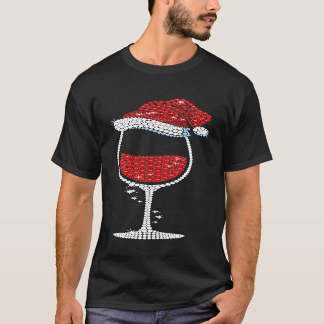 T-shirt Verre de vin Noël chapeau de Père Noël (Devant)