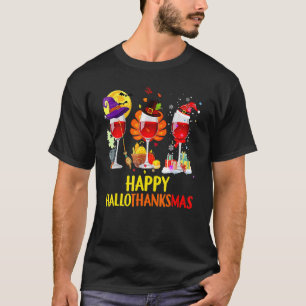 T-shirt Verre de vin Thanksgiving Happy Hallothanksmas