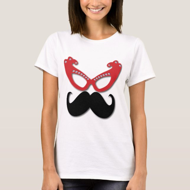 T-shirt verres à bling rouge avec moustache (Devant)