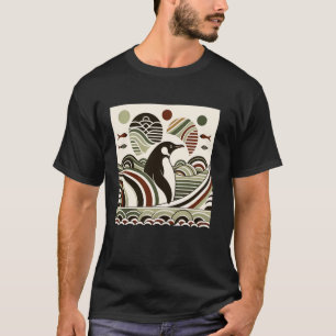 T-shirt Vert Crème Marron Pingouin Vagues Art Déco Vintage