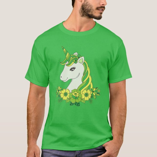 T-shirt Vert mignon Unicorne Fleurs Visage St patrick Jour (Devant)