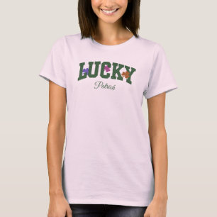 T-shirt Vert personnalisé 'LUCKY' avec des trèfles colorés
