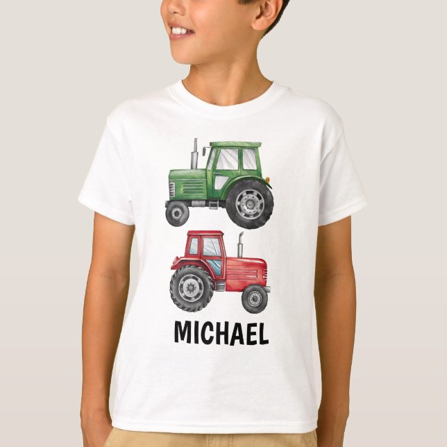 T-shirt Vert rouge tracteur ferme aquarelle personnalisée (Devant)