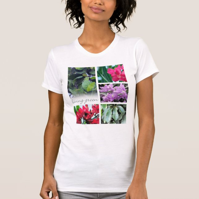 T-shirt vert vivant, feuilles et fleurs (Devant)