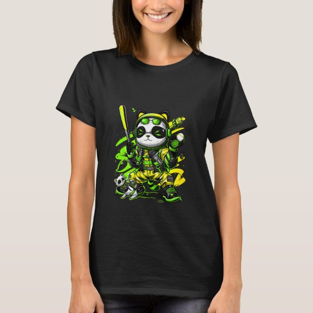 T-shirt Vêtements de rue rétro cool Baseball Panda et chat (Devant)