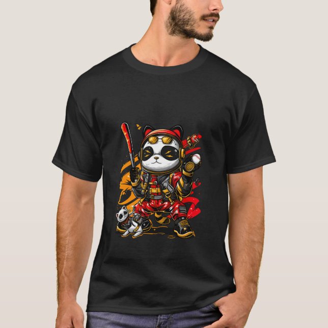 T-shirt Vêtements de rue rétro cool Baseball Panda et chat (Devant)