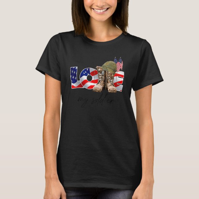 T-shirt Vétéran US Drapeau Combat Boot Aimer Mon Soldat (Devant)