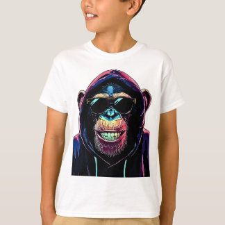 T-shirt Vibe Néon – Chimpanzé Stylé en Capuche et Lunettes