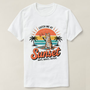 T-Shirt Vibe Rétro Plage Coucher de Soleil Chat d'
