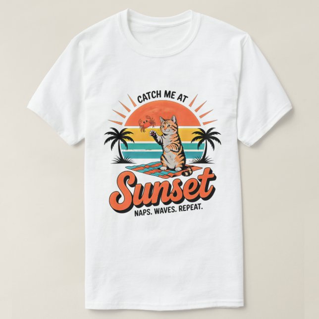 T-Shirt Vibe Rétro Plage Coucher de Soleil Chat d' (Design devant)