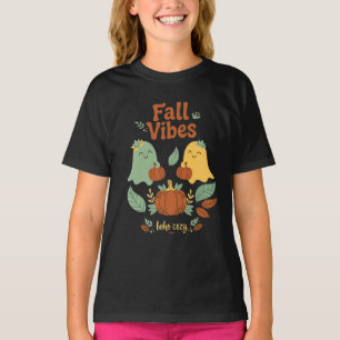 T-shirt Vibes d'automne Boho Fantômes Citrouilles Feuilles