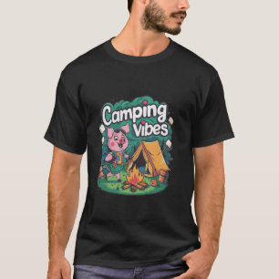 T-shirt Vibes de camping Cochon joyeux profitant d'un feu