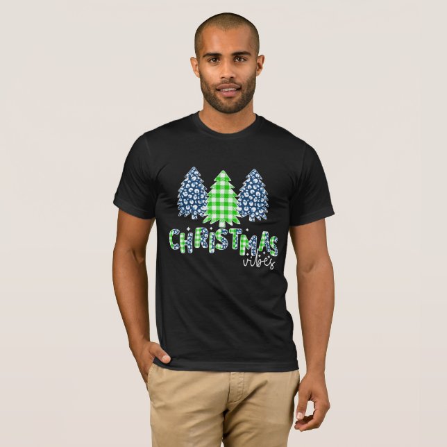 T-shirt Vibes de Noël avec plaid vert (Devant entier)