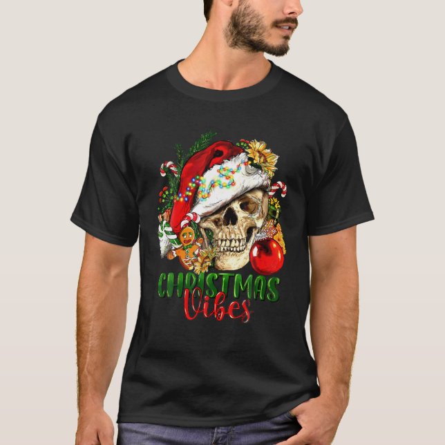 T-shirt Vibes de Noël rétro Skeleton Sketch Santa Hat Xma (Devant)