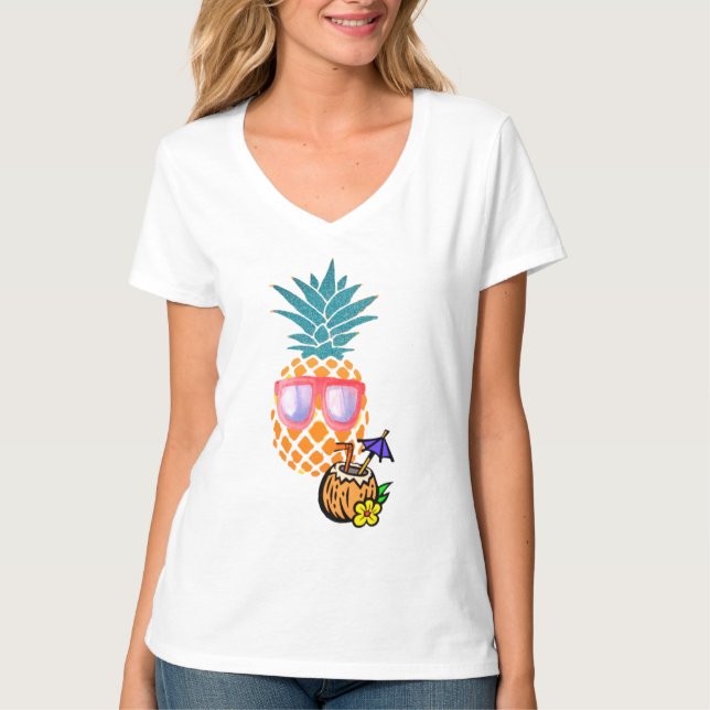 T-shirt Vibes de plage, Ananas avec lunettes de soleil Fem (Devant)