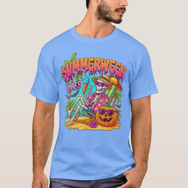 T-shirt Vibes de Summerween drôle squelette citrouille Vac (Devant)
