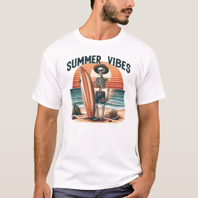 T-shirt Vibes d'été Skeleton Surfer Sunset Beach Design (Devant)