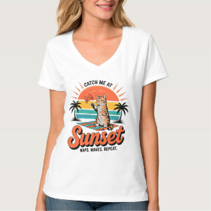 T-shirt Vibes Rétro de Plage au Coucher du Soleil pour Fem