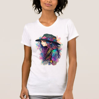 T-shirt Vibrant Artistic Girl in Wide-Brimmed Hat - Women’