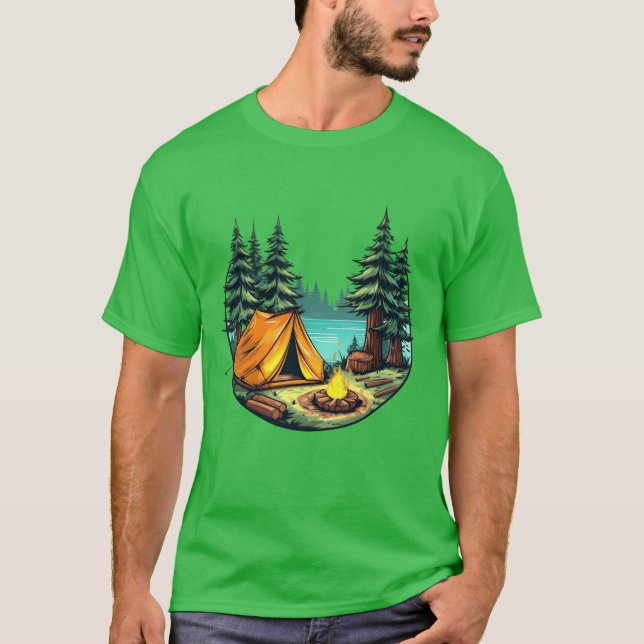 T-shirt Vibrant Cartoon Camping Scene Withent FireTrees vi (Devant)