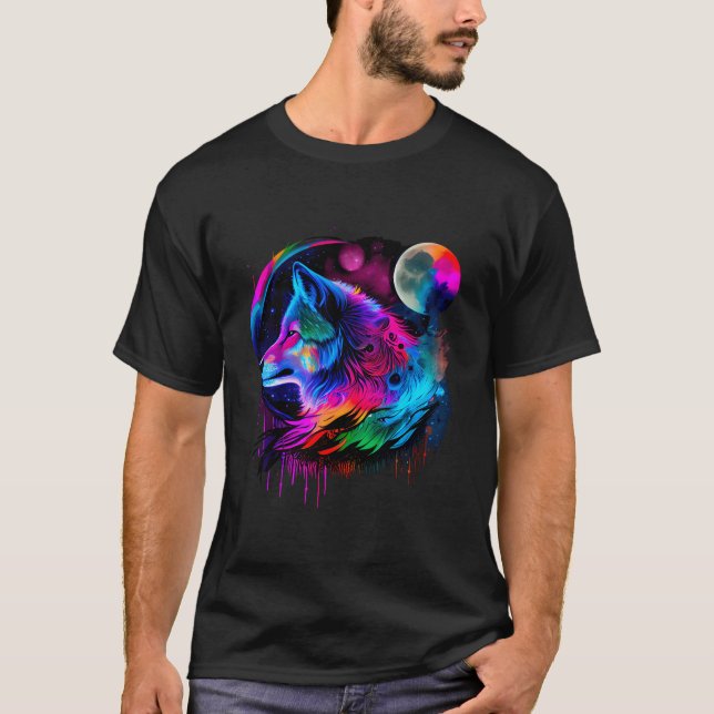 T-shirt Vibrant Colorful Paint Wolf Face Wilderness (Devant)