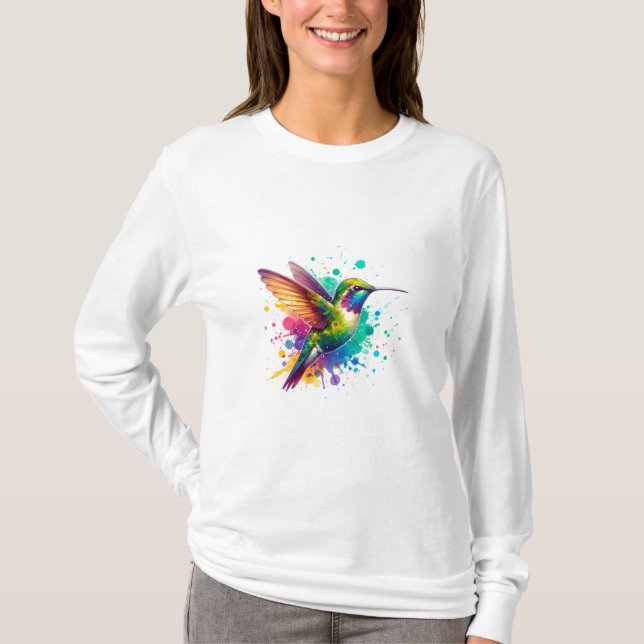T-shirt Vibrant Flight – Watercolor Hummingbird Explosion  (Devant)
