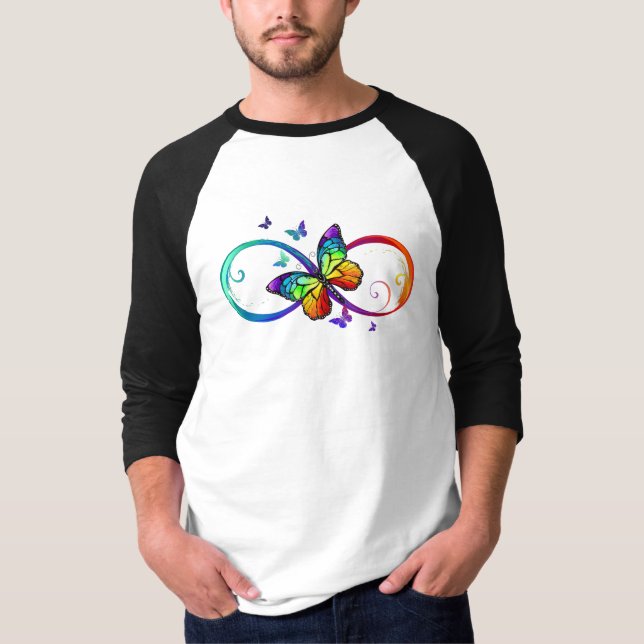 T-shirt Vibrant infinity with rainbow butterfly on black (Devant)