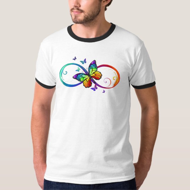 T-shirt Vibrant infinity with rainbow butterfly on black (Devant)