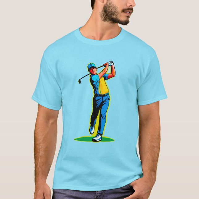 T-shirt Vibrant Pop-Art Golfer Swinging a Driver on Green (Devant)