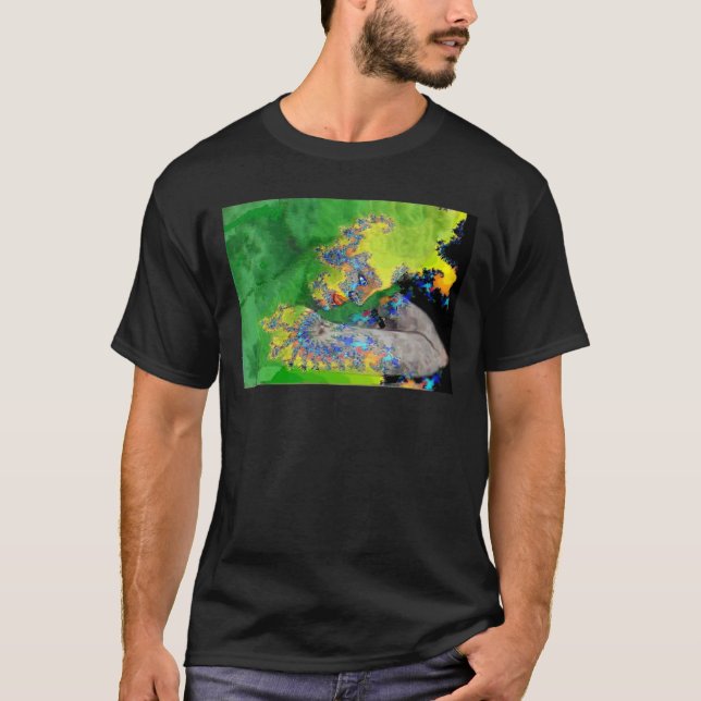 T-SHIRT VIBRATION DE MATTER, FRACTAL WOMAN IN GREEN YELLOW (Devant)