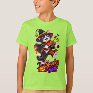 T-shirt Vibrations Effrayantes Chat Sorcière Jouant du Vio