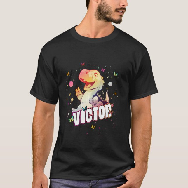 T-shirt VICTOR - Nom mignon du garçon avec Dinosaur mignon (Devant)