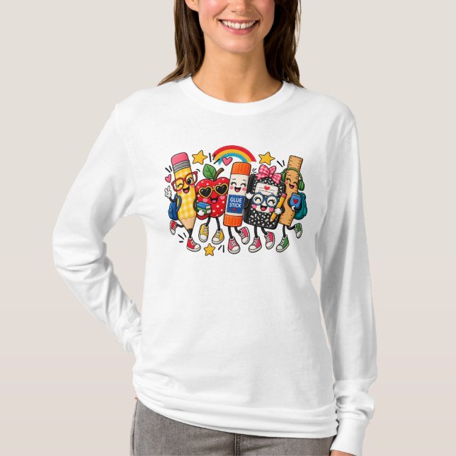T-shirt Vie d'enseignant Faux Patchwork, Fournitures scola (Devant)