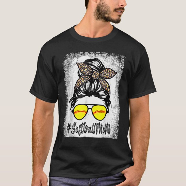 T-shirt Vie Mère De Softball Bleu Avec Leopard Et Mess (Devant)