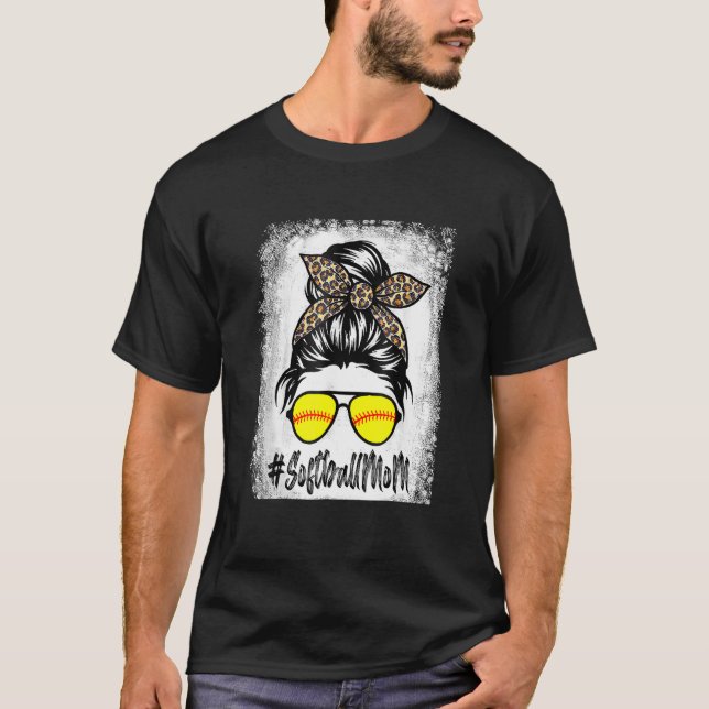 T-shirt Vie Mère De Softball Bleu Avec Leopard Et Messager (Devant)