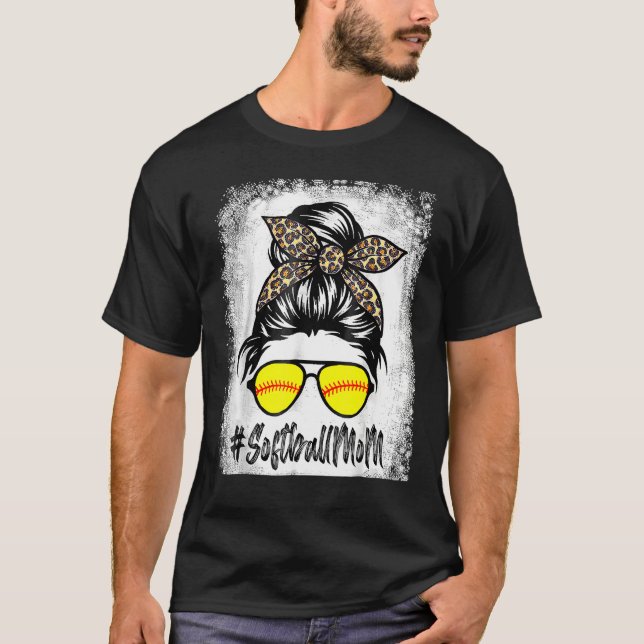T-shirt Vie Mère De Softball Bleu Avec Leopard Et Messager (Devant)