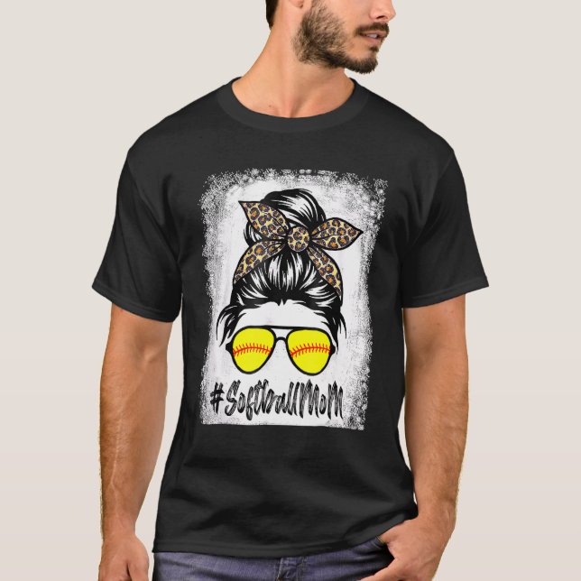T-shirt Vie Mère De Softball Bleu Avec Leopard Et Messager (Devant)