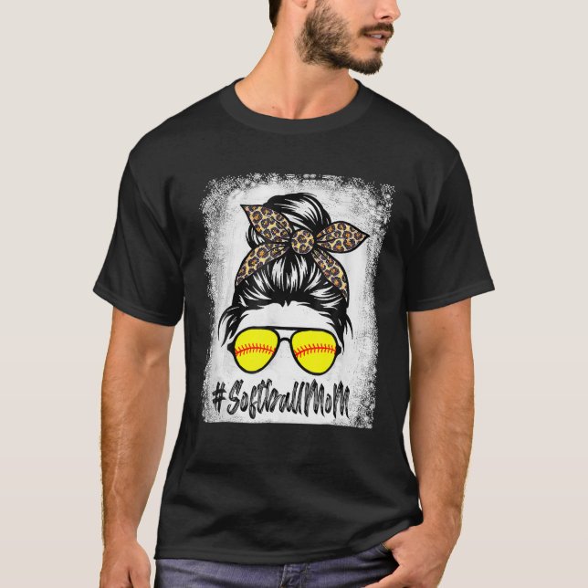 T-shirt Vie Mère De Softball Bleu Avec Leopard Et Messager (Devant)