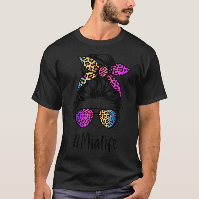 T-shirt Vie Mia classique Messy Bun Rainbow Leopard Mère (Devant)