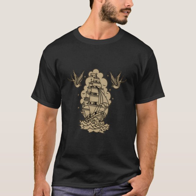 T-shirt Vieux Bateau De Voile Tatouage Clipper Navire Et A (Devant)